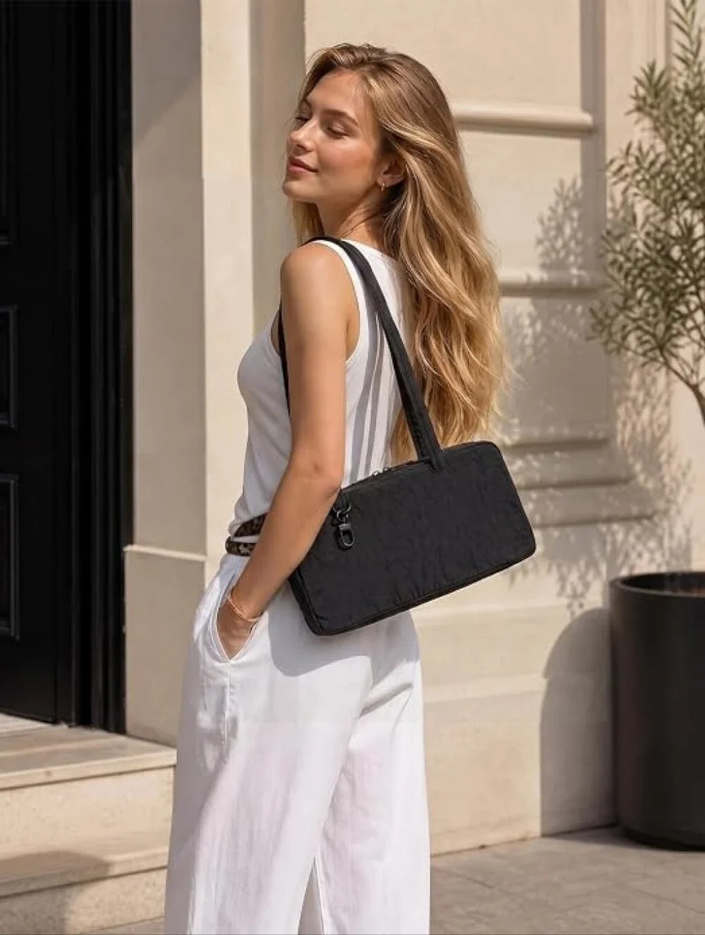 Small Nylon Bowler Bag Women's Shoulder Hobo Purse Black Zip Travel Work